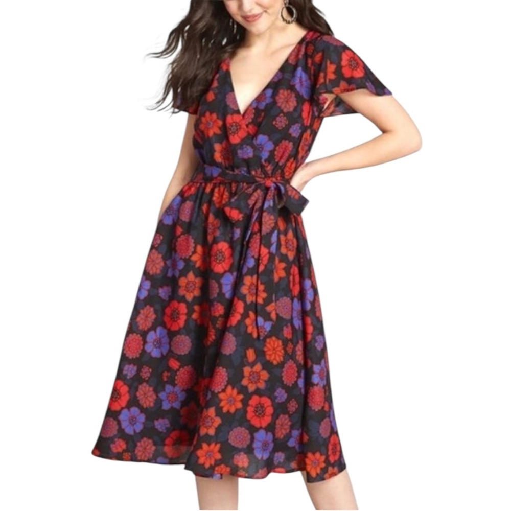 ModCloth Fits of Bliss Floral Chiffon Dress XL V-neck Flutter Sleeve Midi - Picture 11 of 11